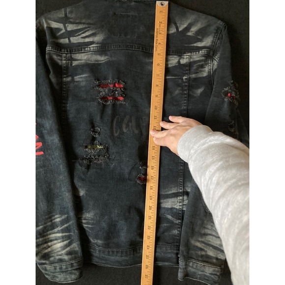 DEMOLITION Men's Distressed Black Denim Jacket Red Graphic Ripped Punk Size M - Picture 11 of 15